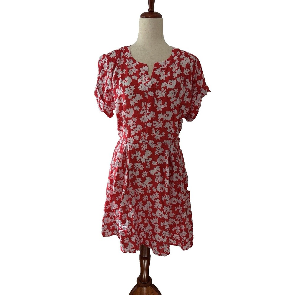 Simply Vera Wang Women’s L Red White Floral Short Sleeve Fit Flare Mini SunDress